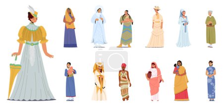 Ilustración de Conjunto de personajes femeninos con trajes históricos. Mujer vestida como una dama victoriana, usa vestimenta nativa americana, india, coreana, china o africana, vestido medieval. Dibujos animados Gente Vector Ilustración - Imagen libre de derechos
