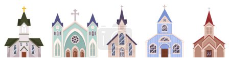 Illustration for Collection Of Stunning Catholic Churches Each With Unique Architectural Beauty And Spiritual Significance, Isolated Set Perfect For Religious Or Historical-themed Projects. Cartoon Vector Illustration - Royalty Free Image