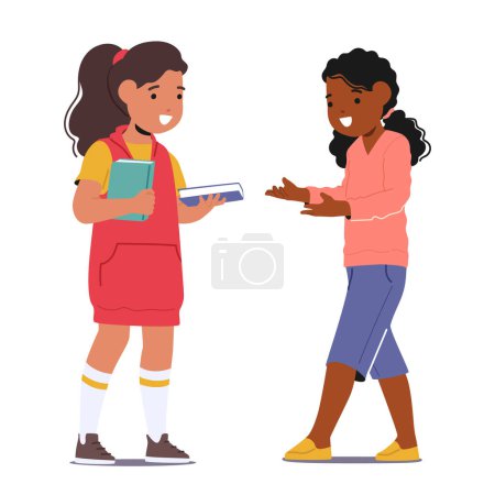 Illustration for Young Girls Readers Swap Books. Kids Trading Tales, Sharing Adventures. World Of Imagination Unfolds As Books Change Hands, Fostering A Love For Reading And Stories. Cartoon People Vector Illustration - Royalty Free Image