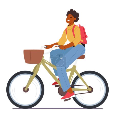 Mujer monta en bicicleta, personaje femenino disfruta de los beneficios del ejercicio al aire libre, mejorar su condición física cardiovascular, y experimentar la libertad y la alegría del ciclismo. Dibujos animados Gente Vector Ilustración
