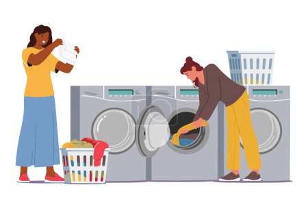 Ilustración de Personajes femeninos en la lavandería pública de autoservicio. Las mujeres lavan y secan eficientemente su ropa, compartiendo sonrisas e historias mientras las máquinas giran. Concepto del Día de Lavandería. Ilustración de vectores de dibujos animados - Imagen libre de derechos