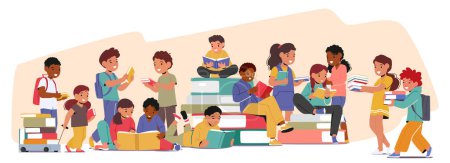 Junge Leser buchen Swap. Kinder teilen Geschichten, fördern die Liebe zum Lesen und schließen Freundschaften durch die Freude am Austausch von Büchern. Cartoon People Vektor Illustration