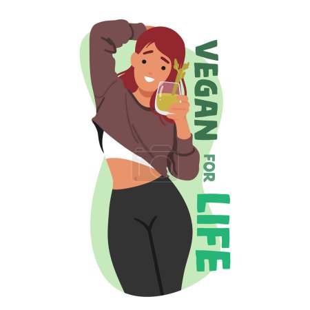 Illustration for Vibrant Vegan Woman Sips Her Green Healthy Smoothie. Slim Female Character Radiating Health And Eco-consciousness As She Enjoys A Delicious Plant-based Treat. Cartoon People Vector Illustration - Royalty Free Image