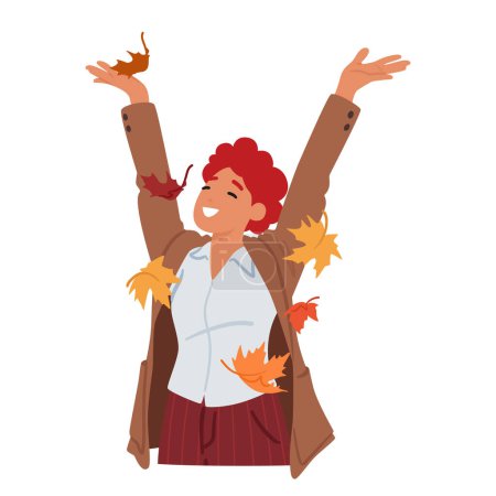 Illustration for Radiant Young Woman Joyfully Tosses Up Vibrant Autumn Leaves, Creating Whimsical Cascade Of Colors In Crisp Air. Delightful Celebration Of Seasonal Beauty And Exuberance. Cartoon Vector Illustration - Royalty Free Image
