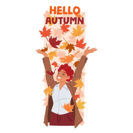 Illustration for Young Woman Joyfully Tosses A Vibrant Cascade Of Autumn Leaves Into The Crisp, Sunlit Air. Character Creating A Breathtaking Moment Of Seasonal Beauty And Exuberance. Cartoon People Vector Banner - Royalty Free Image