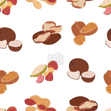 Illustration for Seamless Pattern with Nuts. Almond, Walnut, Brazil and Peanut with Nutmeg. Pecan, Cashew, Pistachio and Chestnut. Coconut, Pine Nut, Macadamia and Manchurian, Hazelnut or Cola Nut. Cartoon Vector Tile - Royalty Free Image