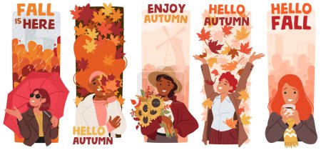Autumn Girls Embracing The Season With Cozy Sweaters, Warm Hues And Vibrant Leaves, Flowers and Umbrella. Fall-loving Ladies Characters Radiate The Beauty Of Autumn. Cartoon People Vector Illustration