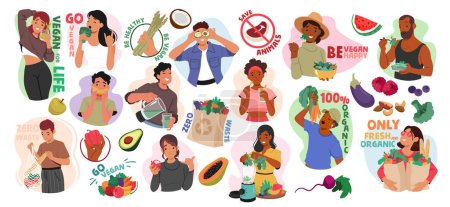 Vegan Characters Adhere To A Plant-based Lifestyle, Abstaining From All Animal Products, Including Meat, Dairy, And Eggs, For Ethical, Environmental, Health Reasons. Cartoon People Vector Illustration