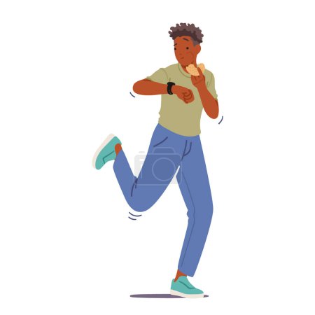 Ilustración de Teenage Boy Looking on Wrist Watches, Munches A Quick Snack While Walking, Young Black Hombre Personaje que encarna el estilo de vida sobre la marcha de la juventud de hoy. Dibujos animados Gente Vector Ilustración - Imagen libre de derechos