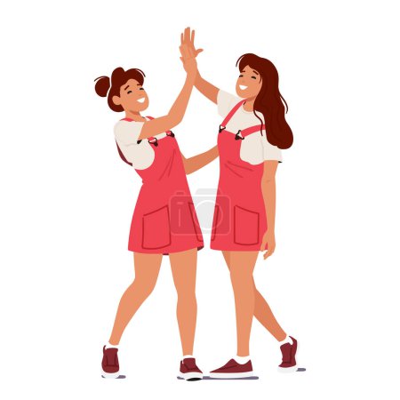 Zwei Zwillingsmädchenfiguren verbinden freudig ihre Hände. Schwestern, die einen herzerwärmenden High-Five-Moment voller grenzenloser schwesterlicher Liebe und gemeinsamer Begeisterung schaffen. Cartoon People Vektor Illustration