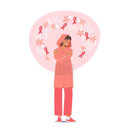 Téléchargez les illustrations : Femme se câlinant avec des rubans roses autour. Caractère féminin favorise la sensibilisation au cancer du sein, habilitant les autres par l'éducation, le soutien et la détection précoce. Illustration vectorielle des personnages de bande dessinée - en licence libre de droit