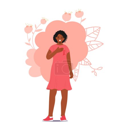 Téléchargez les illustrations : Black Female Character with Pink Ribbon and Hand on her Breast Passionately Promeut la sensibilisation au cancer du sein, la sensibilisation à la prévention, la détection précoce et le soutien. Illustration vectorielle - en licence libre de droit