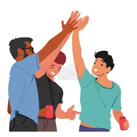 Illustration for Friends, Beaming With Camaraderie, Enthusiastically Exchange A High Five, Celebrating Their Bond And Mutual Success With An Infectious Display Of Jubilation. Cartoon People Vector Illustration - Royalty Free Image