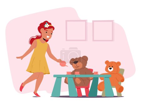 Illustration for Little Girl Character Host A Delightful Tea Party With Their Beloved Teddy Bears. Laughter, Smiles, And Endless Imagination Fill The Air As They Sip Imaginary Tea. Cartoon People Vector Illustration - Royalty Free Image