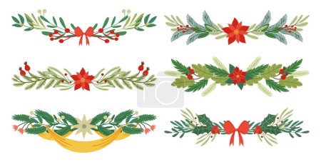 Dekorative Weihnachtsbänder, bezaubernde Tannenbaumgirlanden aus Mistelzweigen oder Weihnachtssternen, Schleifen und Schleifen sorgen für winterliche Festtagsstimmung. Zeichentrickvektorillustration
