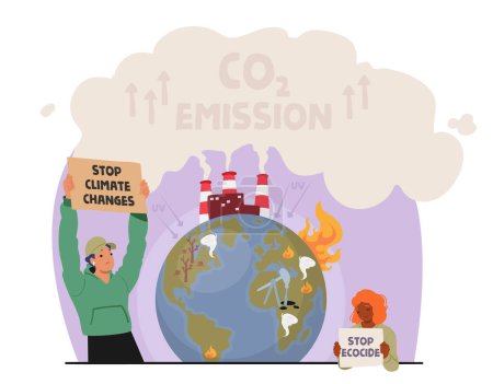 Ilustración de Carácter Masculino con Llamamiento de Banner para Parar el Cambio Climático. El hombre protesta contra las emisiones de CO2, abogando por un futuro sostenible, instando al cambio a proteger nuestro planeta. Dibujos animados Gente Vector Ilustración - Imagen libre de derechos