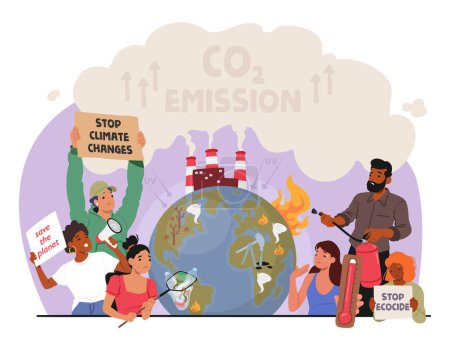 Ilustración de Personajes protestando contra el cambio climático debido a la quema de combustibles fósiles y la deforestación, lo que conduce al calentamiento global y las perturbaciones ambientales. Personas de dibujos animados Vector IllustrationV - Imagen libre de derechos