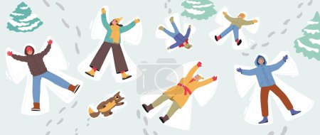 Freudige Charaktere liegen auf schneebedecktem Boden, die Arme ausgestreckt und erschaffen mit ihren Körpern wunderliche Schneengel, die Spuren von Winterzauber auf dem gleißenden Schnee hinterlassen. Cartoon People Vektor Illustration