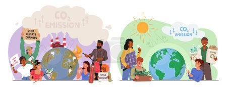 Illustration for Climate Change and Global Warming Concept. Characters Care of Plants on Earth and Protesting against Factory Pipes Emitting Smoke, Air Pollution, Co2 Gas Emission. Cartoon People Vector Illustration - Royalty Free Image