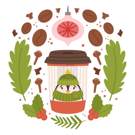 Illustration for Adorable Christmas Coffee Cup Featuring A Cute Penguin In A Cozy Hat And Scarf, Spreading Holiday Cheer With Each Sip. Perfect For Festive Warmth On The Go. Cartoon Vector Illustration - Royalty Free Image