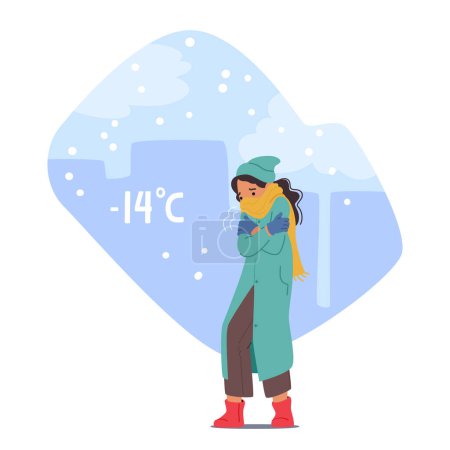 Shivering In Her Coat, Little Girl Clutched Her Arms, Feeling The Biting Cold Pierce Through. Freezing Child Character Walking at City Street Bundled Up in Clothes. Cartoon People Vector Illustration