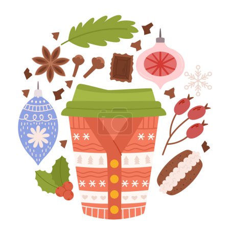 Illustration for Xmas Mug Decor, Festive Christmas Coffee Cup Adorned With A Cozy Holiday Sweater Design. Sip Your Favorite Brew In Style, And Let The Warmth Of The Season Embrace You. Cartoon Vector Illustration - Royalty Free Image