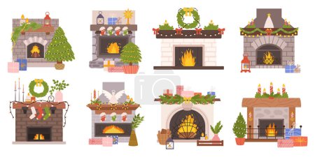 Set of Christmas Fireplaces Adorned With Festive Stockings, Twinkling Lights, Pine Tree Garlands And Cozy Warmth. The Heart Of Holiday Gatherings, with Crackling Fire Glow. Cartoon Vector Illustration