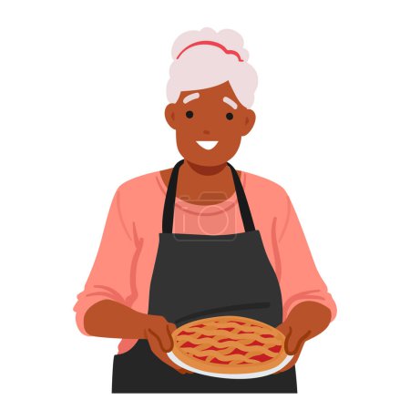Ilustración de Abuela sostiene pastel recién horneado en sus manos, su corteza dorada y aromática llenando un testamento a su maestría culinaria y el amor que vierte en sus deliciosas creaciones. Ilustración de vectores de dibujos animados - Imagen libre de derechos