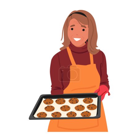 Illustration for Senior Woman Lovingly Holds A Tray Of Freshly Baked Cookies In Her Hands, Their Warm, Sweet Scent Filling The Air, Testament To Her Baking Skills She Brings To Loved Ones. Cartoon Vector Illustration - Royalty Free Image