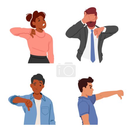 Illustration for Characters In A Clear Display Of Disapproval, Sternly Extend Their Thumbs Downward. A Universal Gesture Symbolizing Rejection, Dissatisfaction, Or Disagreement. Cartoon People Vector Illustration - Royalty Free Image