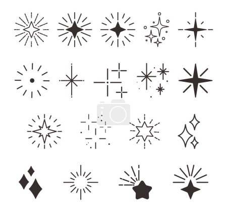 Funkelnde Stars Icons Collection. Schwarz-weiße Himmelsobjekte, schimmernde Sternensymbole, Flare Effects, die den Entwürfen einen Hauch von Magie verleihen und die Schönheit einer sternenklaren Nacht hervorrufen. Vektorillustration