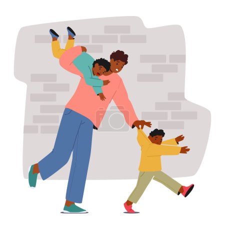 Ilustración de El cansado personaje del padre negro lleva a su hijo en el hombro y sostiene a otro en una bulliciosa calle, un símbolo de amor y agotamiento en el viaje de la paternidad. Dibujos animados Gente Vector Ilustración - Imagen libre de derechos