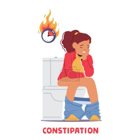 Enfant fille caractère assis sur les toilettes, grimaçant dans l'inconfort, luttant contre la constipation, cherchant un soulagement et patiemment en attente de soulagement. Illustration vectorielle des personnages de bande dessinée