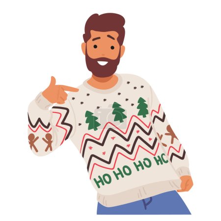 Man In A Cozy Christmas Sweater With Festive Patterns, Spreading Holiday Cheer With A Warm Smile And A Twinkle In His Eyes. Bearded Male Character Posing. Cartoon People Vector Illustration