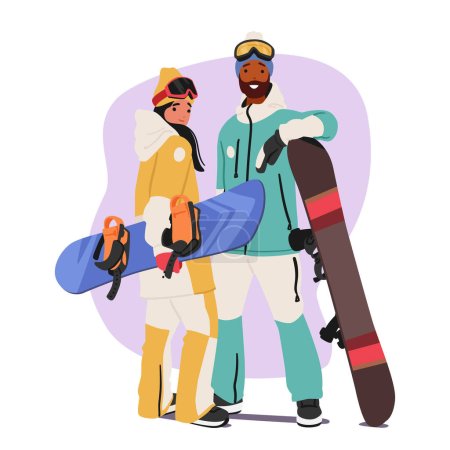 Deux snowboarders posent dynamiquement sur un fond blanc propre, un couple sportif mettant en valeur leur esprit sportif et aventureux avec enthousiasme et style. Illustration vectorielle des personnages de bande dessinée