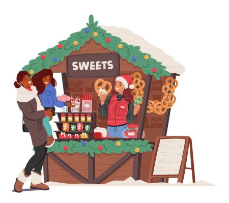 Los personajes de la madre y la hija se reúnen en el puesto de la feria de Navidad con la vendedora que vende dulces coloridos, sus caras se iluminan con deleite mientras seleccionan golosinas azucaradas. Dibujos animados Gente Vector Ilustración