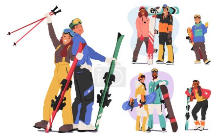 Skifahrer und Snowboarder Charaktere schlagen dynamische Posen ein. Erwachsene und junge Menschen, die den Nervenkitzel des Wintersports mit ihrer farbenfrohen Kleidung und Abenteuerlust einfangen. Zeichentrickvektorillustration