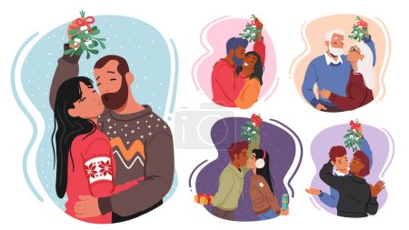 Set of Lovers Meet Under Mistletoe, Their Eyes Lock, And They Share A Tender Kiss, Surrounded By The Magic Of Holiday Season. Kissing Male Female Couple Characters. Cartoon People Vector Illustration
