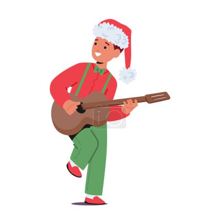Téléchargez les illustrations : Enfant garçon dans un costume de Noël festif strums une guitare avec joie. Happy Kid caractère écartant joie de vacances avec des notes mélodiques et un sourire chaleureux. Illustration vectorielle des personnages de bande dessinée - en licence libre de droit
