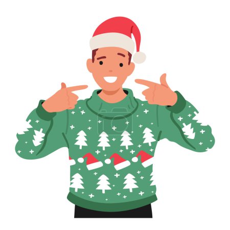 Man Wearing A Cozy Christmas Ugly Sweater And A Santa Hat. Cheerful Male Character Pointing on himself, Exudes Festive Spirit With A Warm Smile And Twinkling Eyes. Cartoon People Vector Illustration
