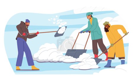 Illustration for Male and Female Characters In A Winter Wonderland, Diligently Shovel And Sweep Away The Glistening Snow, Creating A Path Of Frosty Purity Amidst The Cold. Cartoon People Vector Illustration - Royalty Free Image
