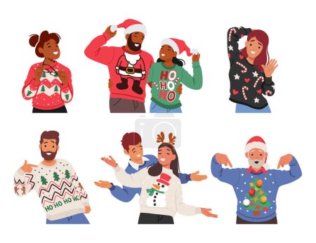 Ilustración de Personajes alegres adornados con suéteres navideños festivos y elegantes, poses humorísticas llamativas que irradian alegría navideña. La risa y la alegría abundan en su atuendo llamativo. Dibujos animados Gente Vector Ilustración - Imagen libre de derechos