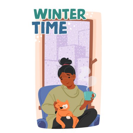 Illustration for Winter Time Vector Banner With Young Woman Cozily Nestled In Home, Wrapped In Sweater, Sipping Coffee Beside A Purring Cat. The Warmth Of The Season Embraced In The Comfort Of Her Surroundings - Royalty Free Image