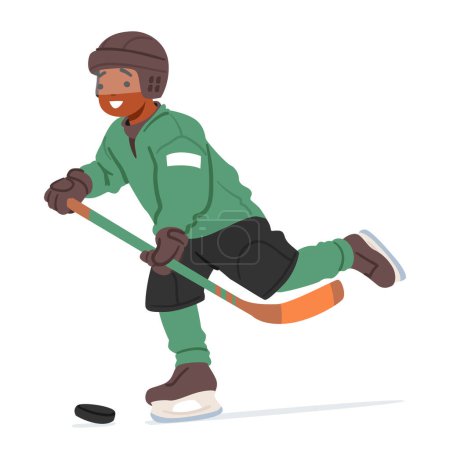 Illustration for In The Brisk Winter Air, A Determined Boy Glides Across The Ice, Maneuvering His Hockey Stick With Skill And Joy, Chasing The Puck In A Spirited Game Of Winter Sports. Cartoon Vector Illustration - Royalty Free Image