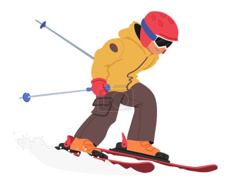Illustration for Little Boy Skier. Child Character Glides Down Snowy Slopes, Navigate The Winter Wonderland, Kid Embracing The Thrill Of Skiing With Youthful Exuberance. Cartoon People Vector Illustration - Royalty Free Image