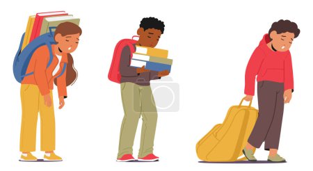 Illustration for Exhausted Schoolchildren Characters Burdened By Heavy Bags And Books, Their Sleepy Eyes Reflecting The Weariness Of Academic Demands As They Yearn For A Much-needed Rest. Cartoon Vector Illustration - Royalty Free Image