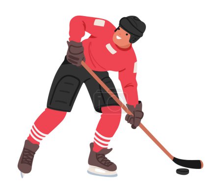 Téléchargez les illustrations : Personnage de joueur de hockey féroce, vêtu d'un équipement complet, manœuvre habilement à travers la glace avec détermination, reste à la main, prêt à marquer des buts et à conquérir le jeu. Illustration vectorielle des personnages de bande dessinée - en licence libre de droit