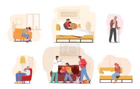 Illustration for Pale, Weary Characters Lie In Beds, Coughing And Fatigue Prevail In This Scene Of Illness, Depicting People Struggle With Sickness. Kids, Seniors and Adults Getting Sick. Cartoon Vector Illustration - Royalty Free Image