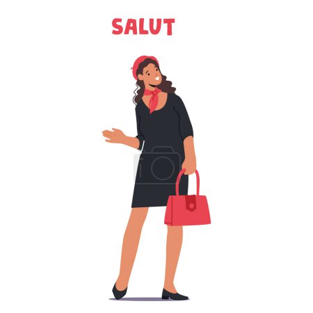 Illustration for Female Character Elegantly Saying Salut. Woman With A Warm Smile, Extends A Friendly French Greeting, Embodying The Charm Of France In Her Words And Demeanor. Cartoon People Vector Illustration - Royalty Free Image