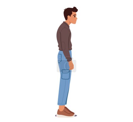 Illustration for Male Character Awkwardly Slouched With Hunched Shoulders, The Figure Exhibits A Wrong Standing Body Posture, Creating A Misalignment That Hints At Discomfort And Lack Of Proper Spinal Alignment - Royalty Free Image